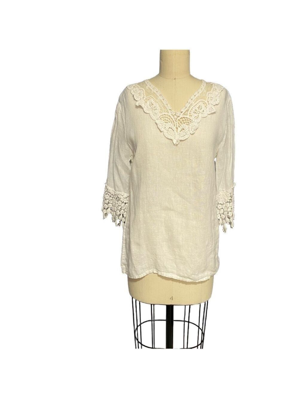 Christine Alexander Linen Boho Crochet Ruffle Bib Blouse Cream Women’s Top med - Picture 2 of 11